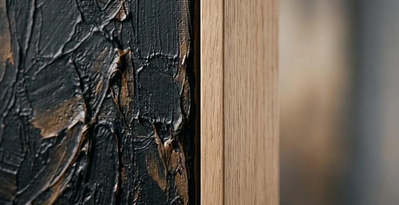 Close-up macro detail of gestural abstract painting texture paired with refined minimalist furniture material showing tactile contrast