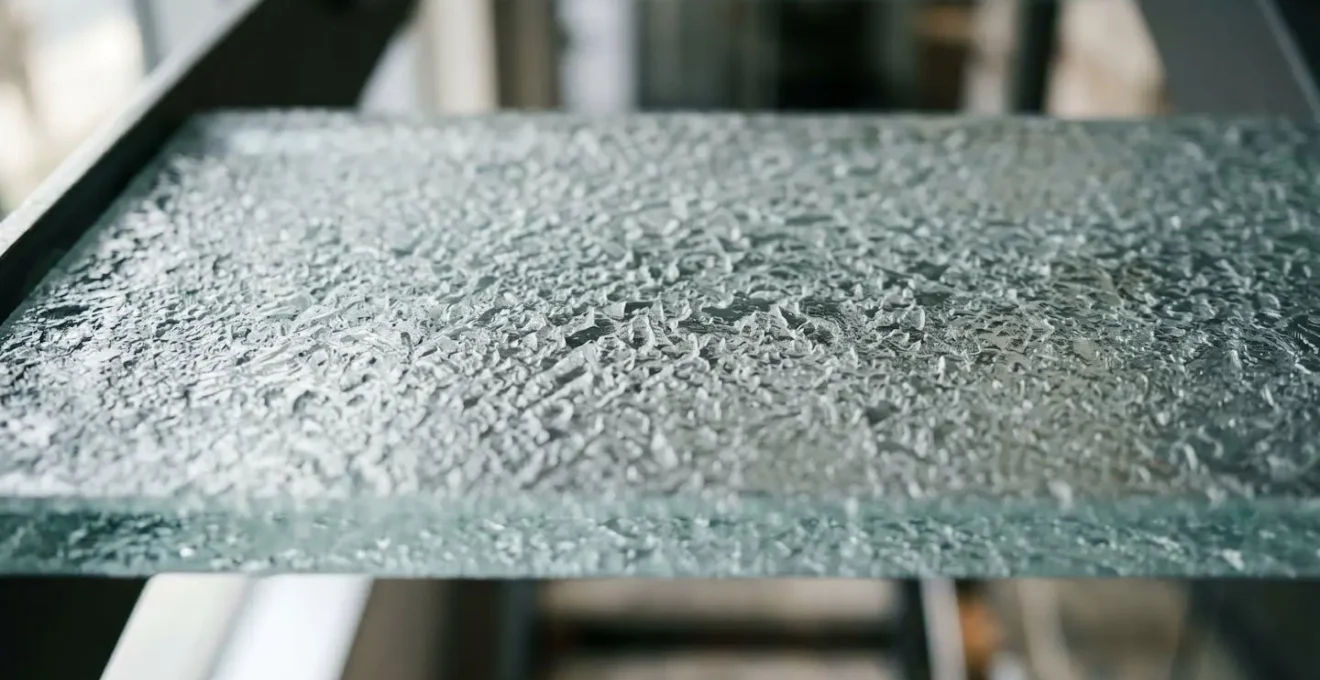 Extreme close-up of acid-etched glass stair tread surface showing textured anti-slip treatment and light refraction patterns