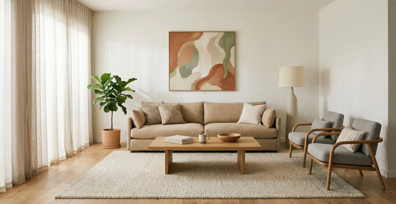 Serene modern living room with balanced composition demonstrating visual harmony through soft natural lighting and minimal clutter