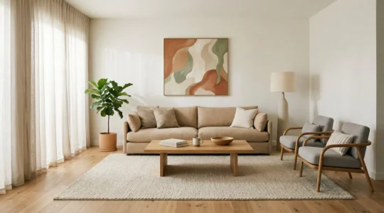 Serene modern living room with balanced composition demonstrating visual harmony through soft natural lighting and minimal clutter