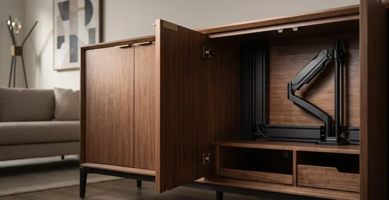 Elegant credenza with closed doors concealing a fully equipped ergonomic workspace, featuring integrated cable management and ventilation details in a modern living room setting
