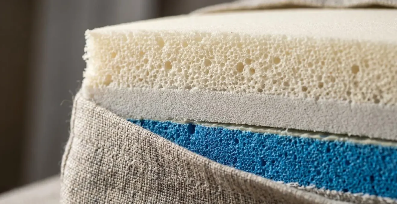 Macro close-up detail of high-quality cushion construction showing dual-layer foam system with firm supportive core and soft comfort layer for ergonomic seating