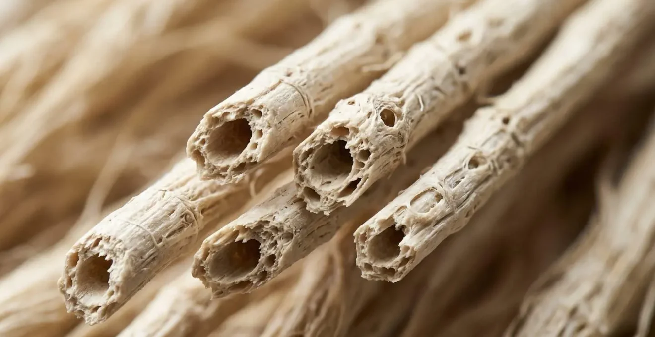 Extreme macro view of flax fiber showing natural hollow structure for temperature regulation