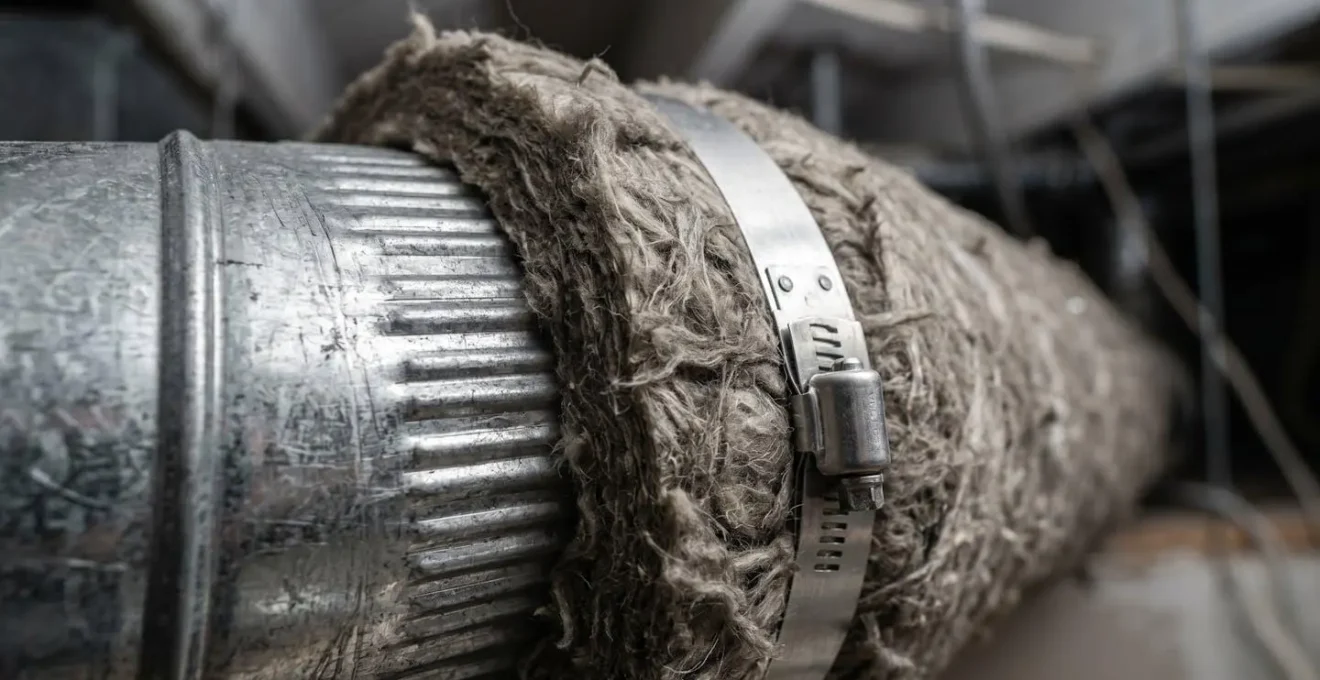 Close-up view of HVAC ductwork showing acoustic insulation wrap and inline silencer installation in modern home