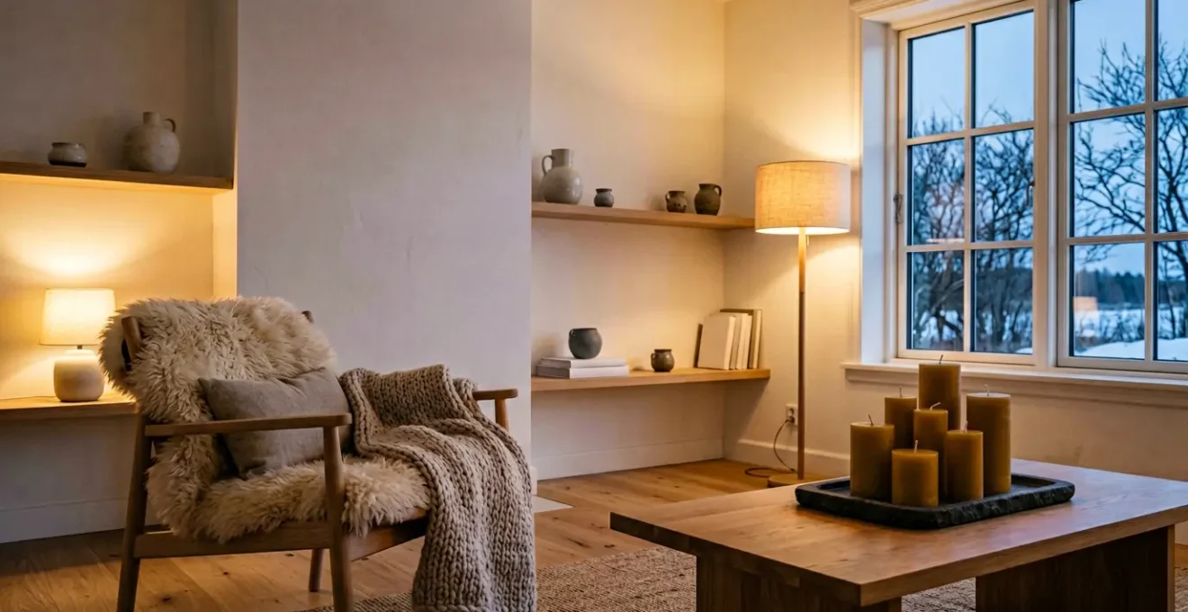 Cozy Scandinavian living room with warm 2700K amber lighting, natural wood textures, soft wool textiles, and candlelight creating an intimate atmosphere during winter evening