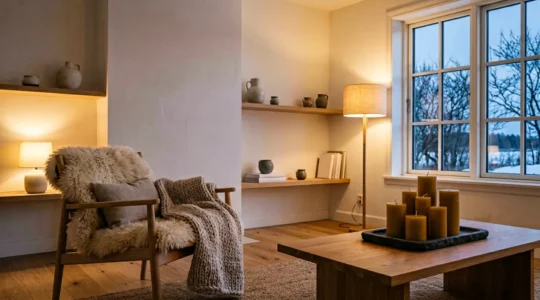 Cozy Scandinavian living room with warm 2700K amber lighting, natural wood textures, soft wool textiles, and candlelight creating an intimate atmosphere during winter evening