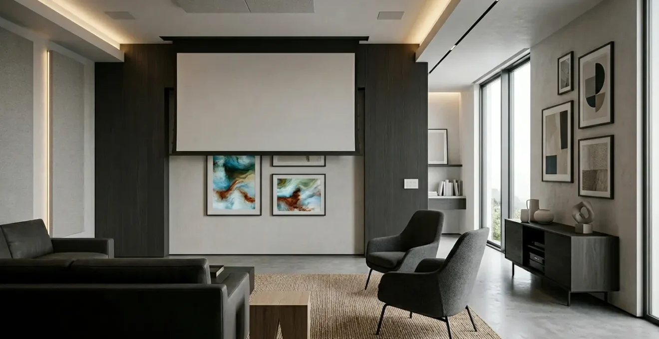 Modern media room seamlessly blending home cinema technology with gallery-quality digital art display
