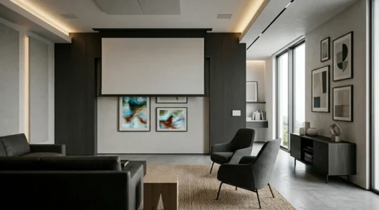 Modern media room seamlessly blending home cinema technology with gallery-quality digital art display
