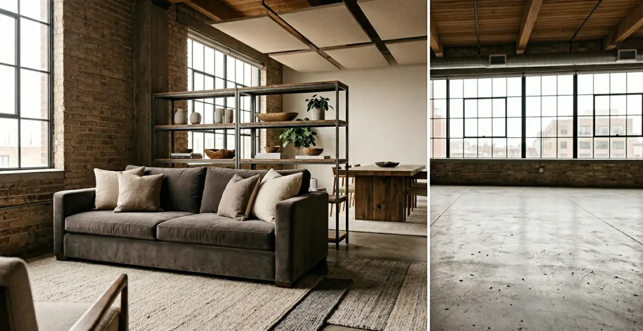 Wide industrial loft interior with concrete and exposed brick softened by warm textiles, wood accents, and natural light for comfortable family living