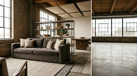 Wide industrial loft interior with concrete and exposed brick softened by warm textiles, wood accents, and natural light for comfortable family living
