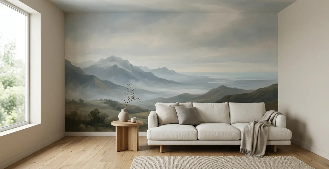 Small modern living room featuring a panoramic landscape mural creating visual depth and spaciousness