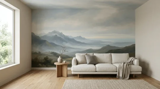 Small modern living room featuring a panoramic landscape mural creating visual depth and spaciousness