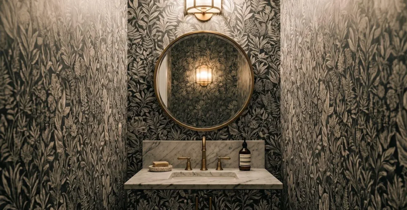 Intimate powder room with immersive patterned wallpaper creating jewel box effect