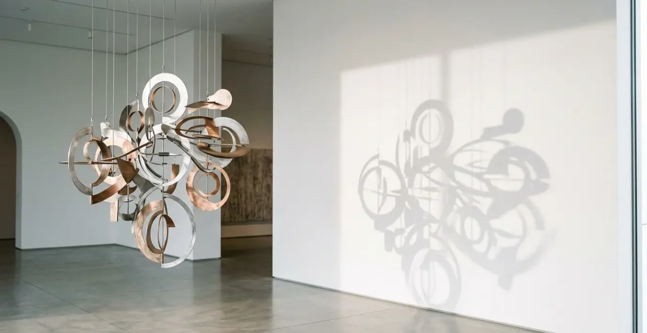 Elegant kinetic sculpture casting dynamic shadows on a minimalist room wall through directional lighting