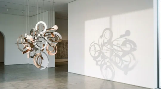 Elegant kinetic sculpture casting dynamic shadows on a minimalist room wall through directional lighting