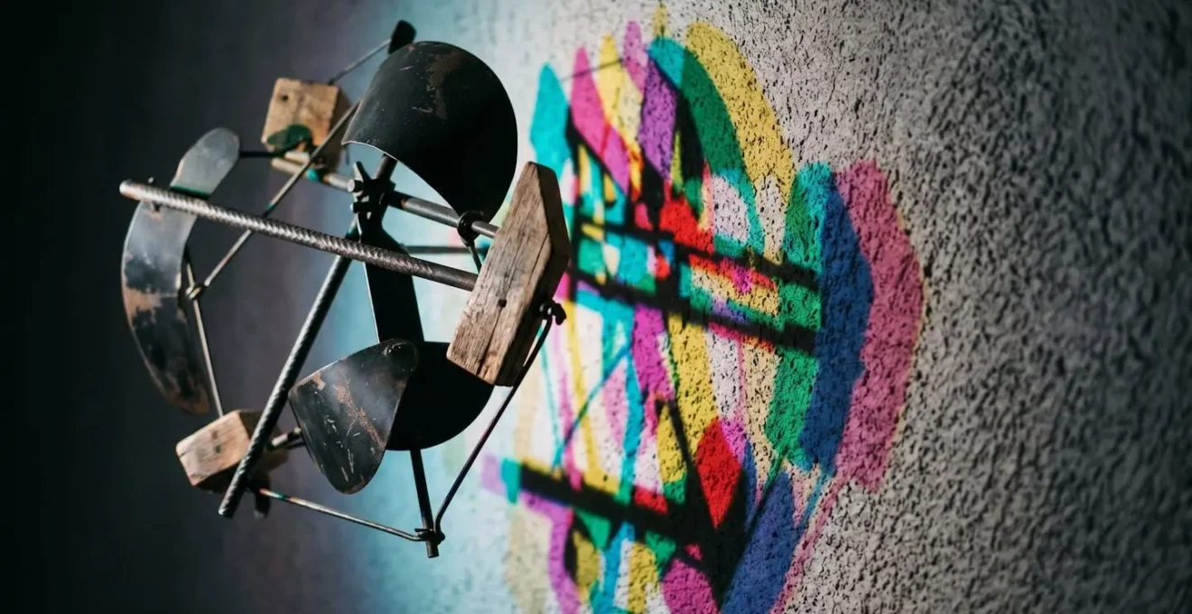Kinetic art sculpture illuminated by multiple colored spotlights creating layered shadows on gallery wall