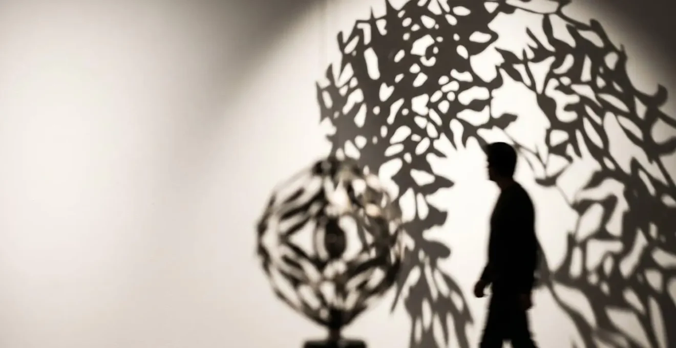 Dynamic shadow patterns cast by kinetic sculpture creating organic flowing forms on minimalist wall surface