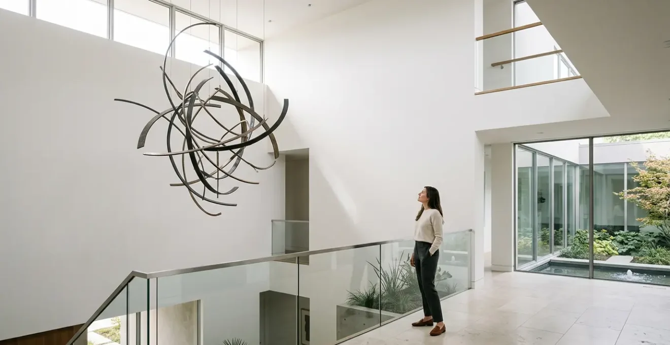 A modern residential atrium with soaring double-height ceiling where a monumental suspended sculpture hangs gracefully, maintaining clear circulation paths below while commanding visual presence