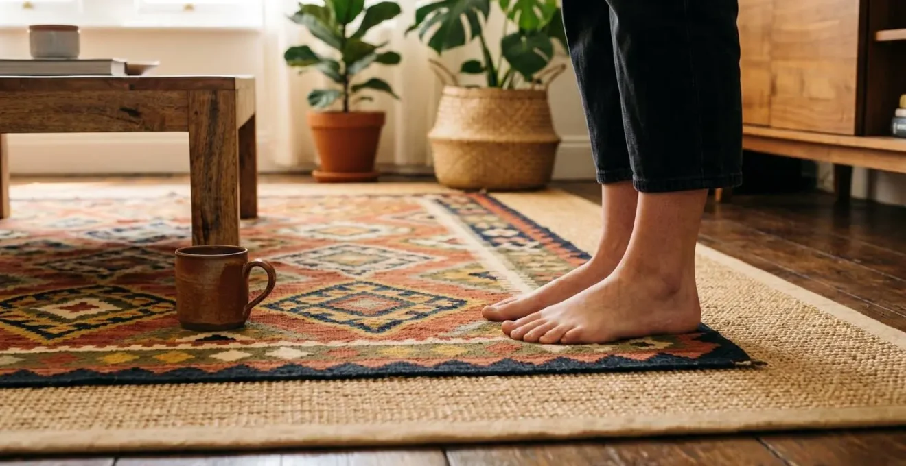 Layered kilim rug over natural sisal base rug in bohemian living room interior
