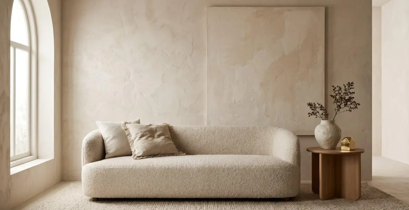 Wide environmental shot of monochromatic beige room showcasing layered textures from rough wall plaster to smooth surfaces creating sophisticated depth