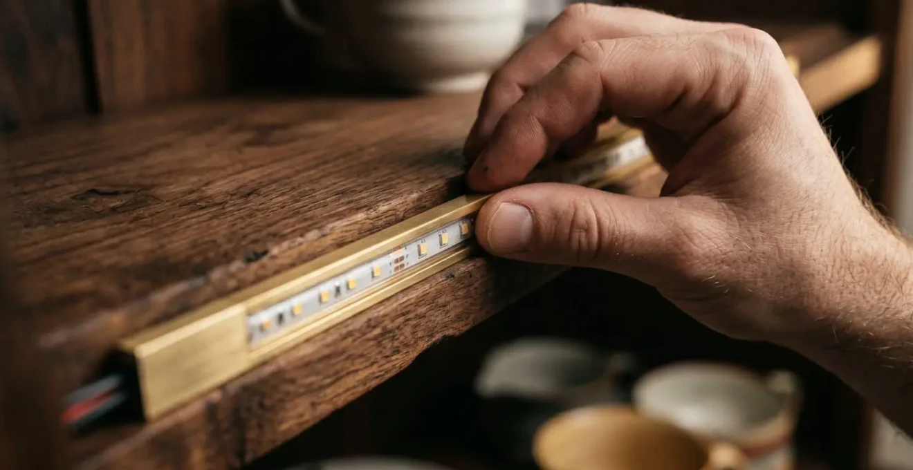 A close-up macro photograph showing the technical detail of modern LED strip lighting being installed along the interior edge of an antique wooden display cabinet shelf, emphasizing precision and craftsmanship