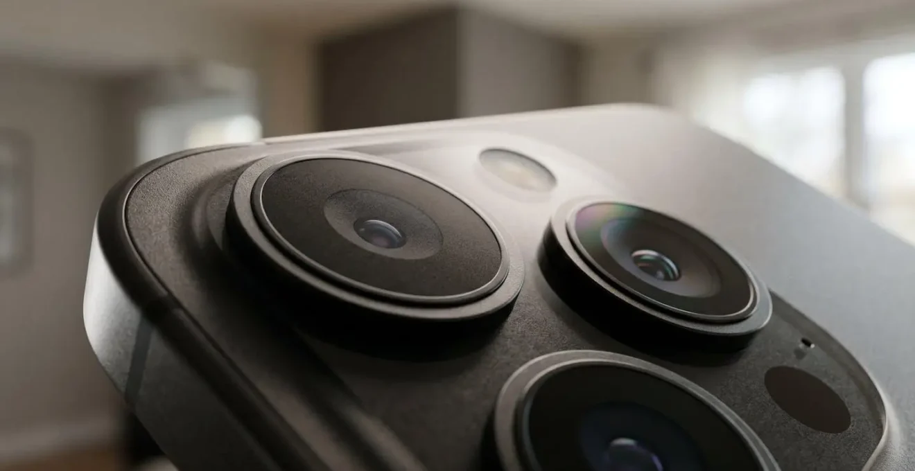 Close-up of smartphone LiDAR sensor capturing depth data in modern interior space