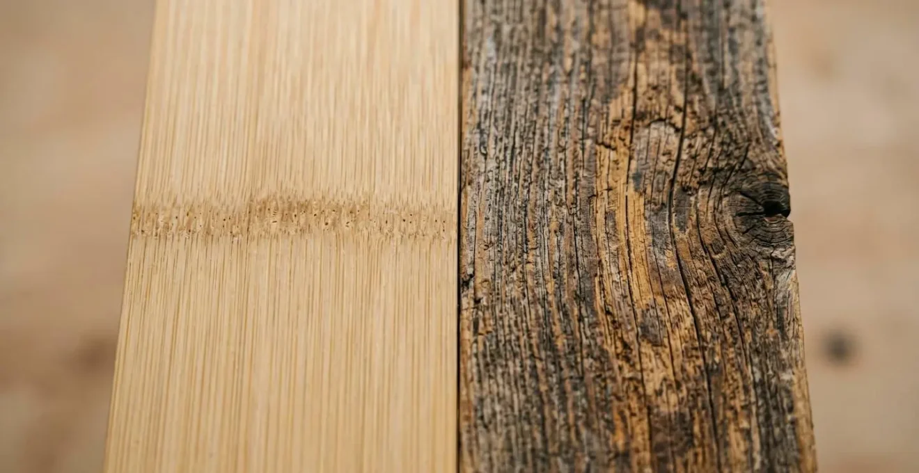 Close-up comparison of bamboo and reclaimed wood textures showing material characteristics and grain patterns