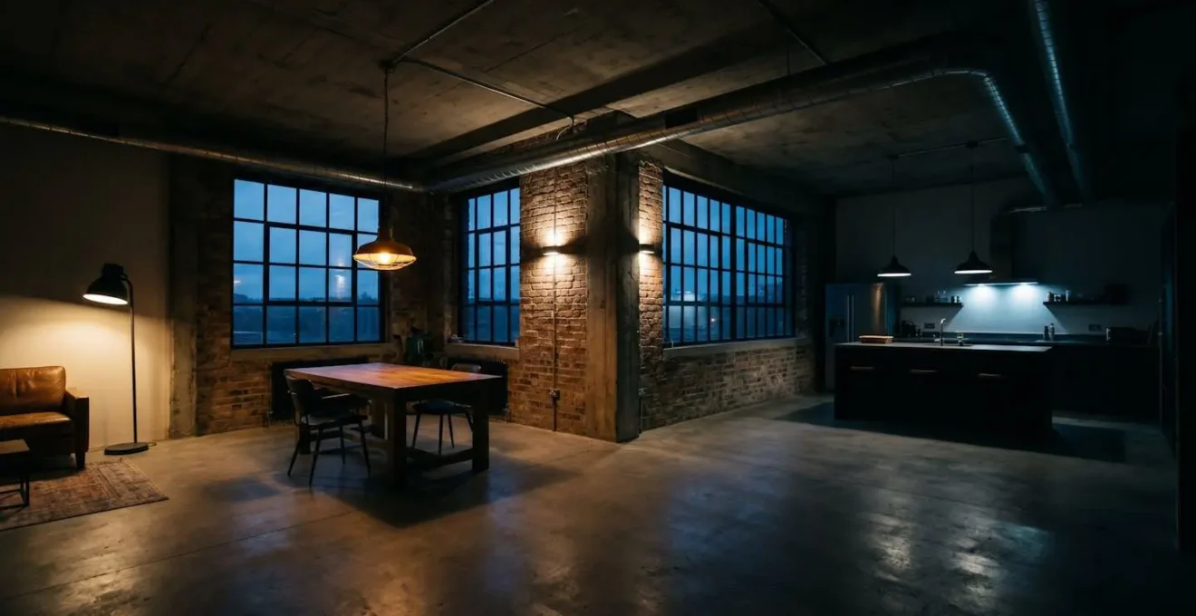 Evening view of industrial loft showing distinct pools of warm light from pendant lamps and floor fixtures creating defined living zones against dark warehouse shell