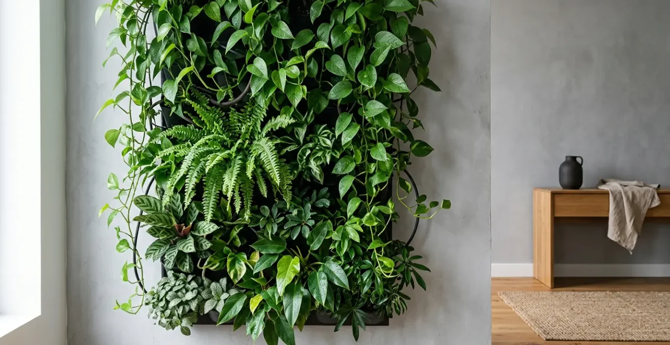 Lush vertical living wall with ferns and trailing plants thriving in low-light modern apartment interior