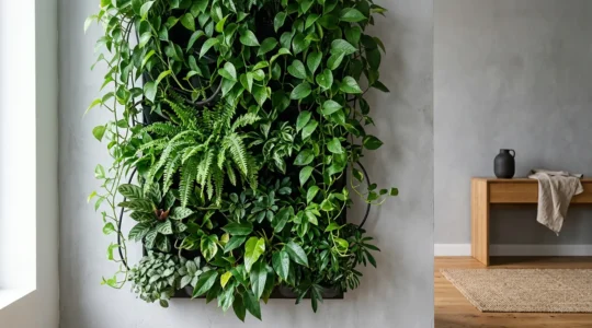 Lush vertical living wall with ferns and trailing plants thriving in low-light modern apartment interior