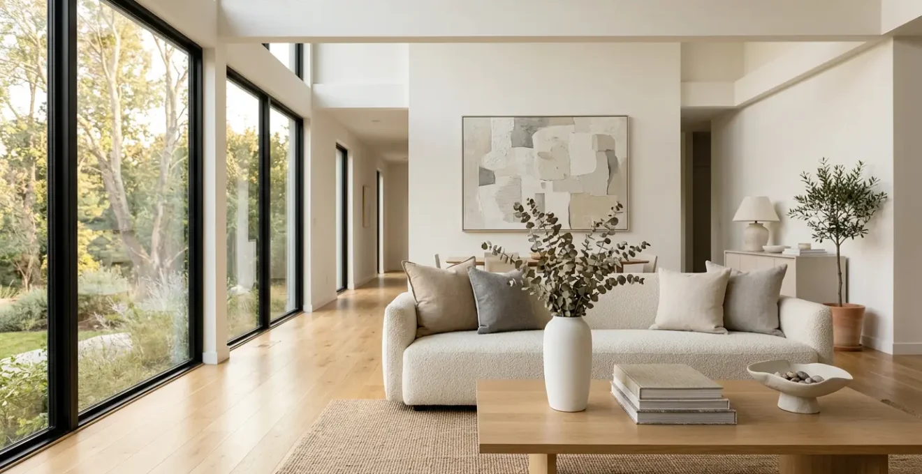 Professional home staging setup in bright modern living room with neutral decor and strategic furniture placement