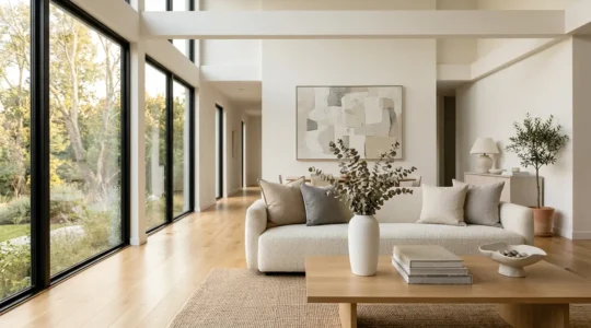 Professional home staging setup in bright modern living room with neutral decor and strategic furniture placement