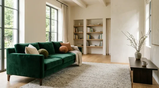 Elegant living room featuring luxury performance velvet sofa in sophisticated setting with subtle signs of family life