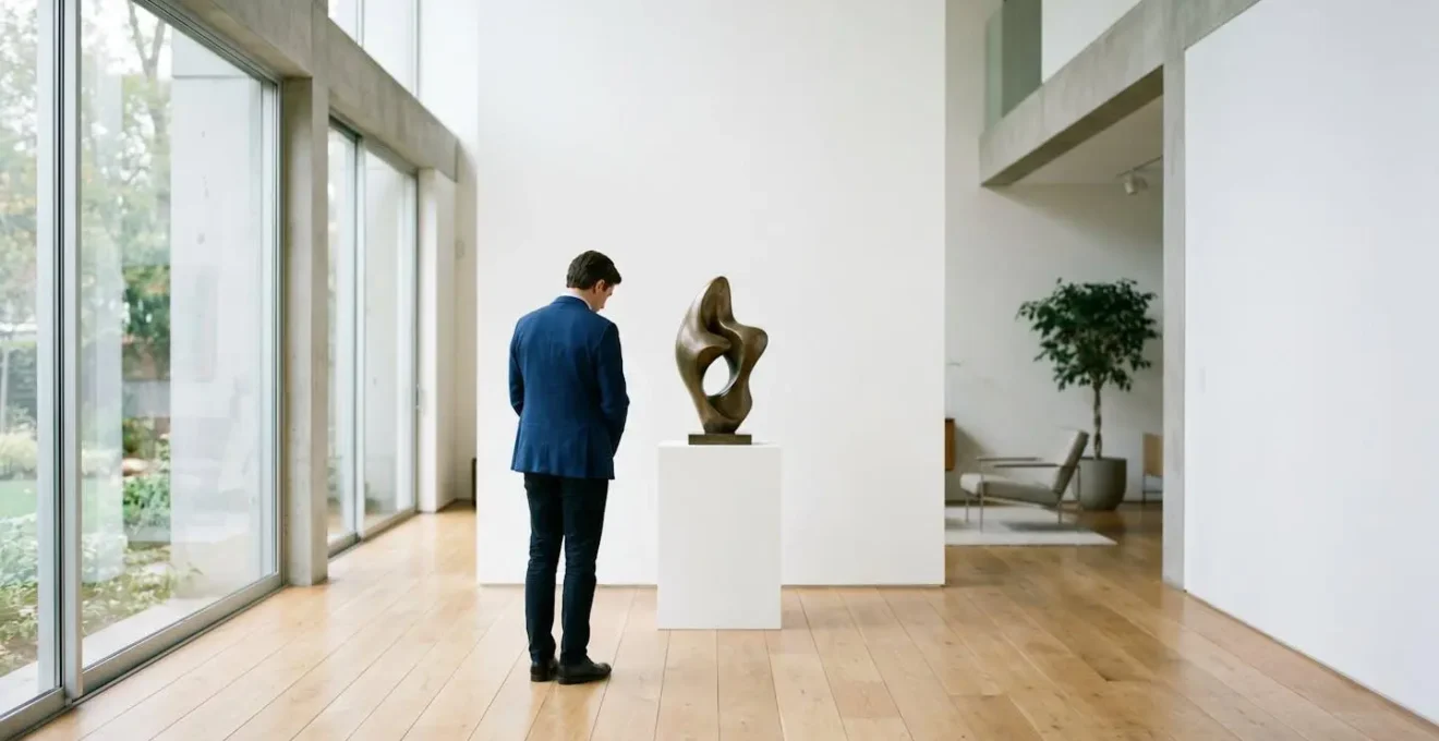 Wide-angle architectural photograph of a single sculpture in a minimalist luxury interior with generous surrounding negative space