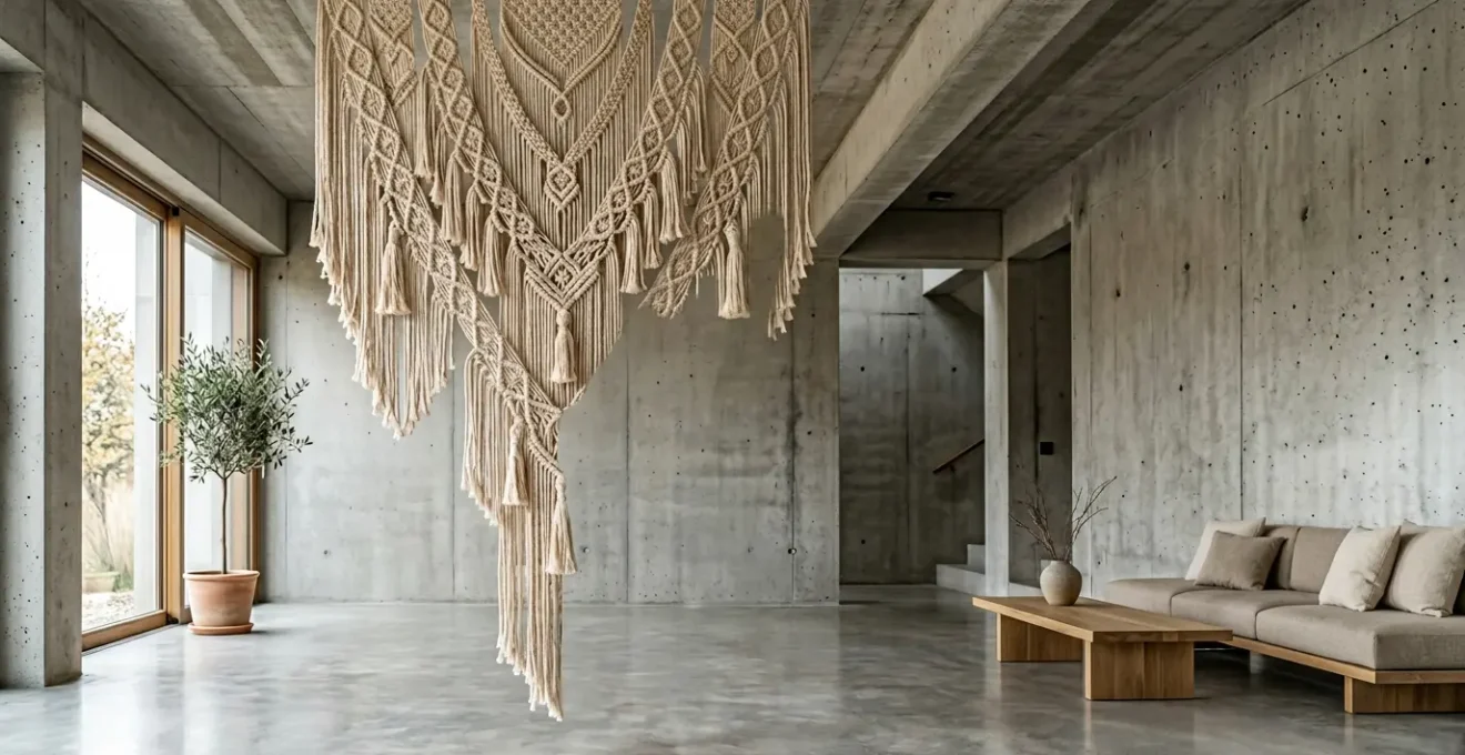 Suspended macrame textile installation softening sound in contemporary room with concrete ceiling