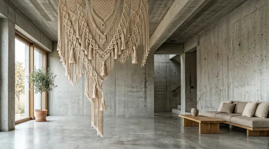 Suspended macrame textile installation softening sound in contemporary room with concrete ceiling