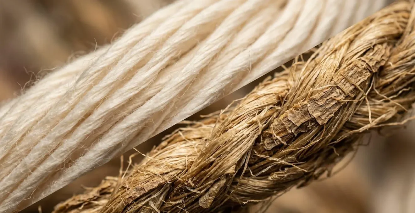 Extreme close-up comparison showing smooth cotton fibers versus rough textured jute fibers