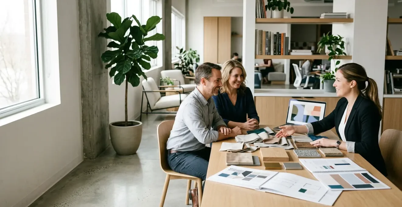 Professional interior design consultation meeting with designer presenting budget planning documents and material samples in modern bright office space