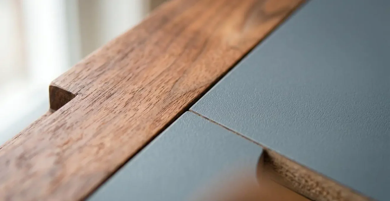 Macro close-up revealing material quality contrast between solid wood grain and pressed laminate furniture construction