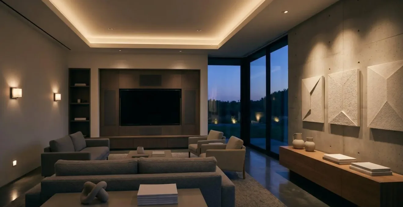 Sophisticated lighting control system orchestrating transition between cinema and gallery modes in dual-purpose media room