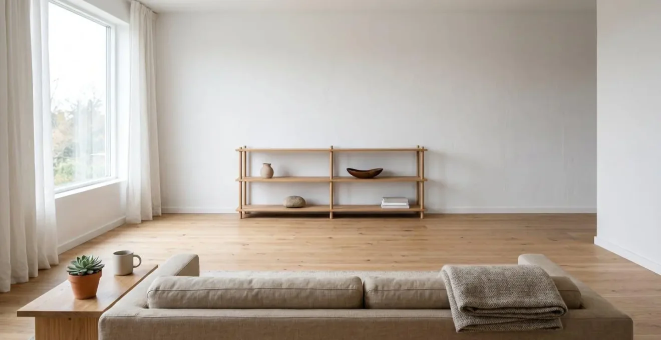 Wide-angle minimalist Scandinavian living room showing intentional negative space with few curated cozy objects demonstrating visual breathability