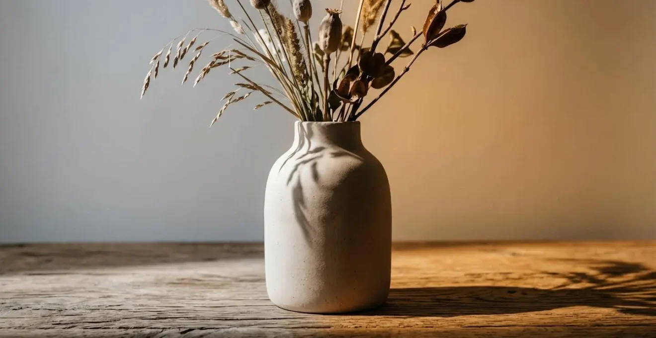 Minimalist composition showing the same space with subtle seasonal transformations through lighting and single accent piece