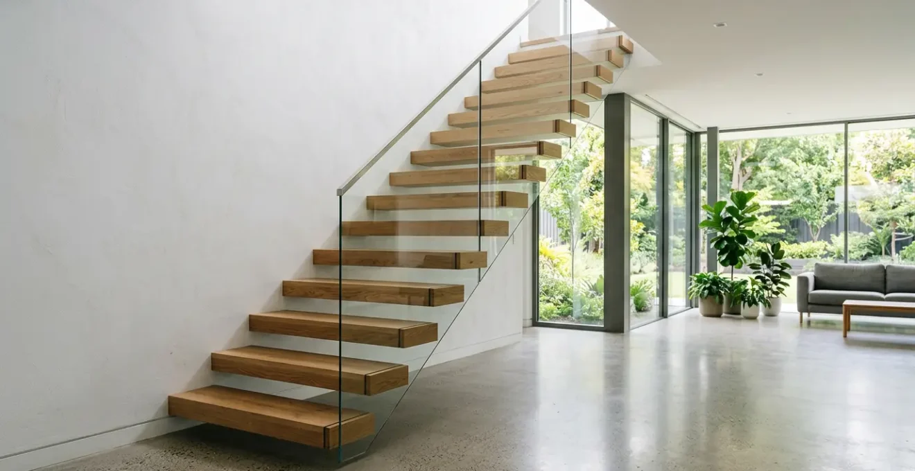 Modern floating staircase with concealed steel support structure showing engineering precision and minimalist aesthetic