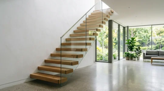Modern floating staircase with concealed steel support structure showing engineering precision and minimalist aesthetic