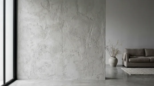 Textured wall treatment adding dimensional depth to a modern monochromatic interior space