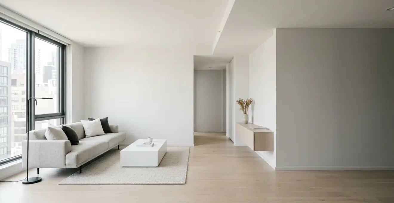 Minimalist small apartment interior featuring monochrome palette creating spacious feel