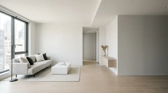 Minimalist small apartment interior featuring monochrome palette creating spacious feel