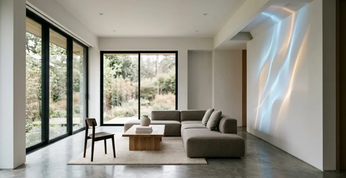 Contemporary living space with subtle motion-activated art installation seamlessly integrated into modern interior design