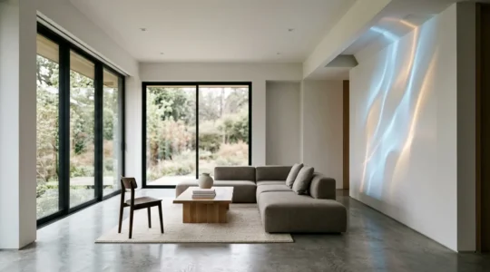 Contemporary living space with subtle motion-activated art installation seamlessly integrated into modern interior design