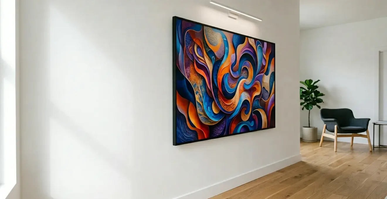 High-end digital canvas displaying NFT artwork in modern gallery setting with museum-quality screen technology